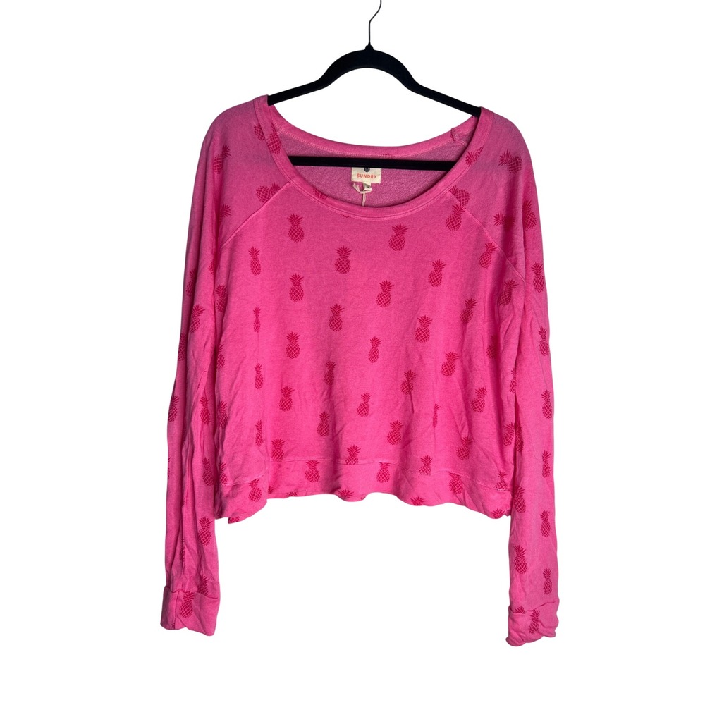 Sundry Women's Pink Pineapple Print V-Neck French Terry Sweatshirt Top Size 2